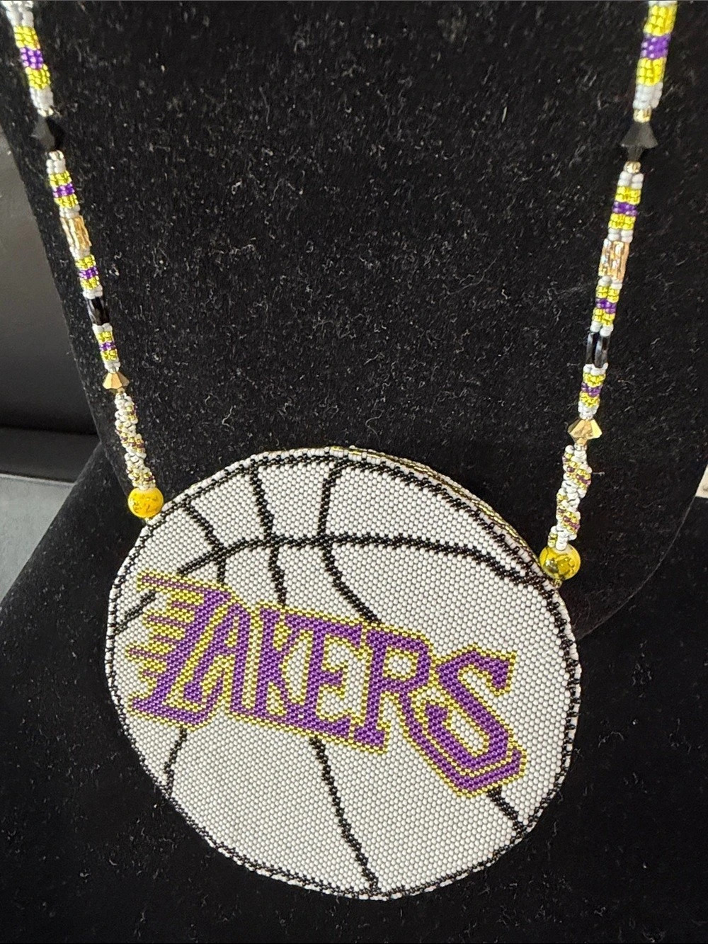 Basketball hand Beaded native Pendant Necklace in White & Purple